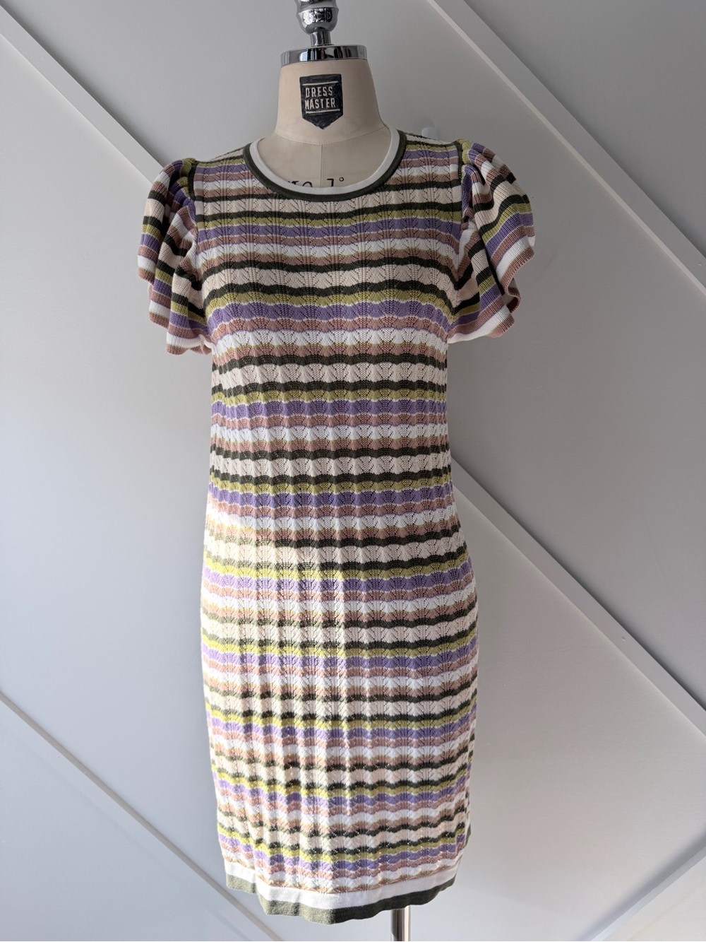 Marella Knit Stripe Dress | Italian Chic Puff Sleeve Bodycon Mini Dress S